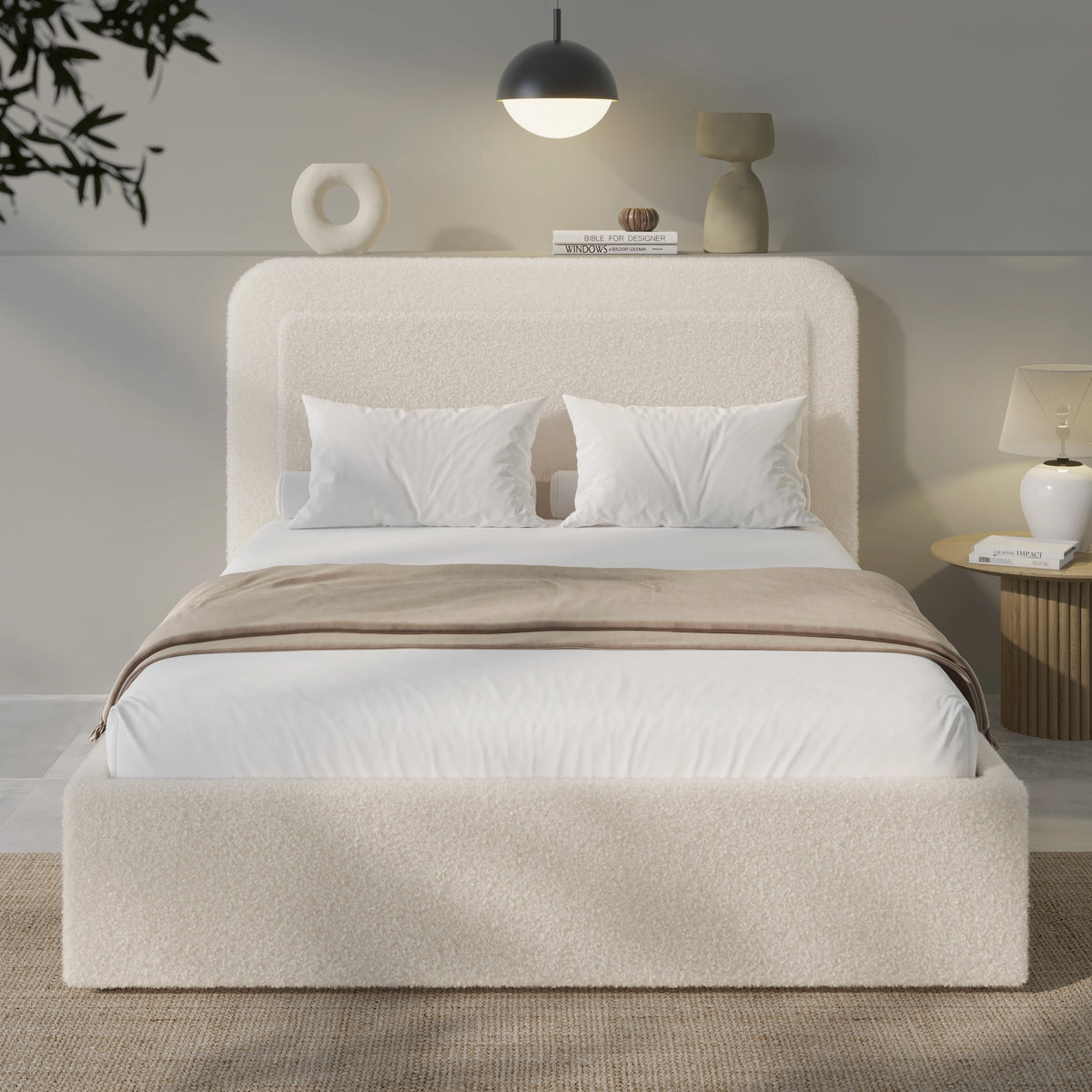 [Double | Beige] Ottoman bed from the front showing rounded headboard and low platform base with decorative throw