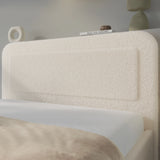 [Double | Beige] Close-up of rounded headboard showing soft boucle fabric texture with curved pill-shaped profile