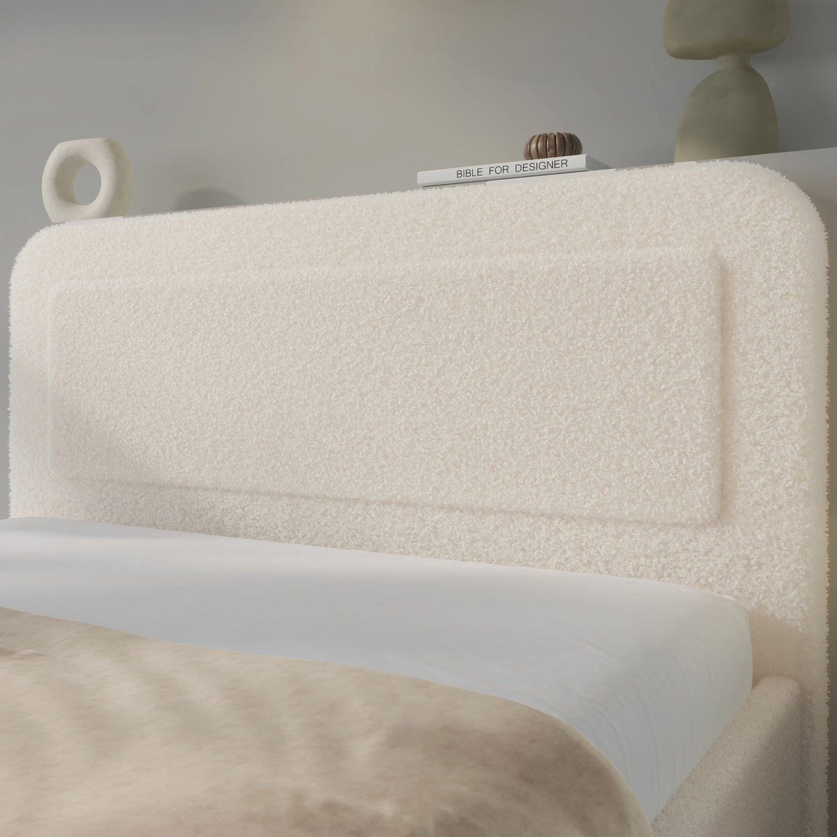 [Double | Beige] Close-up of rounded headboard showing soft boucle fabric texture with curved pill-shaped profile