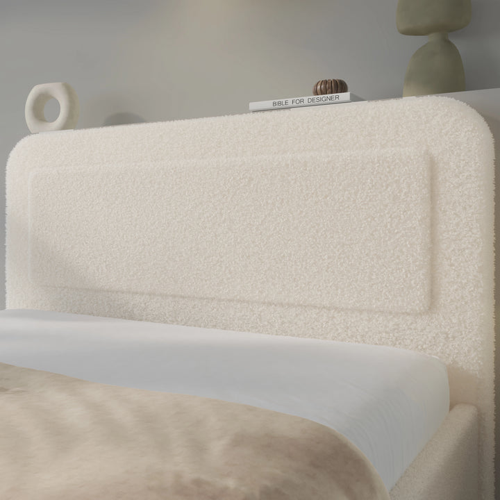 [Double | Beige] Close-up of rounded headboard showing soft boucle fabric texture with curved pill-shaped profile