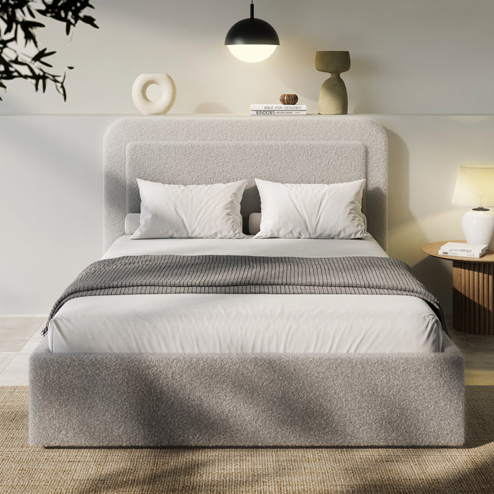 [Double | Grey] Grey double boucle ottoman bed head-on, rounded pill headboard and charcoal linen layered