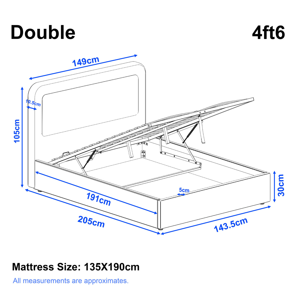 [Double | White] Dimensions diagram showing 152cm width and 206cm length with 105cm headboard height