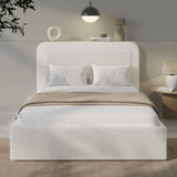 [Double | White] Curved headboard ottoman bed with textured boucle fabric and white bedding in styled setting