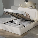 [Double | White] Ottoman bed lifted open revealing deep storage filled with cushions boxes and folded linens inside