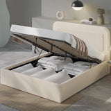 [King | Beige] Ottoman bed lifted open revealing deep storage filled with cushions boxes and folded linens inside