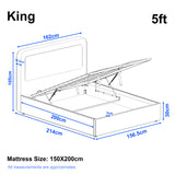 [King | Grey] Dimensions diagram showing 156.5cm width and 214cm length with 105cm headboard height
