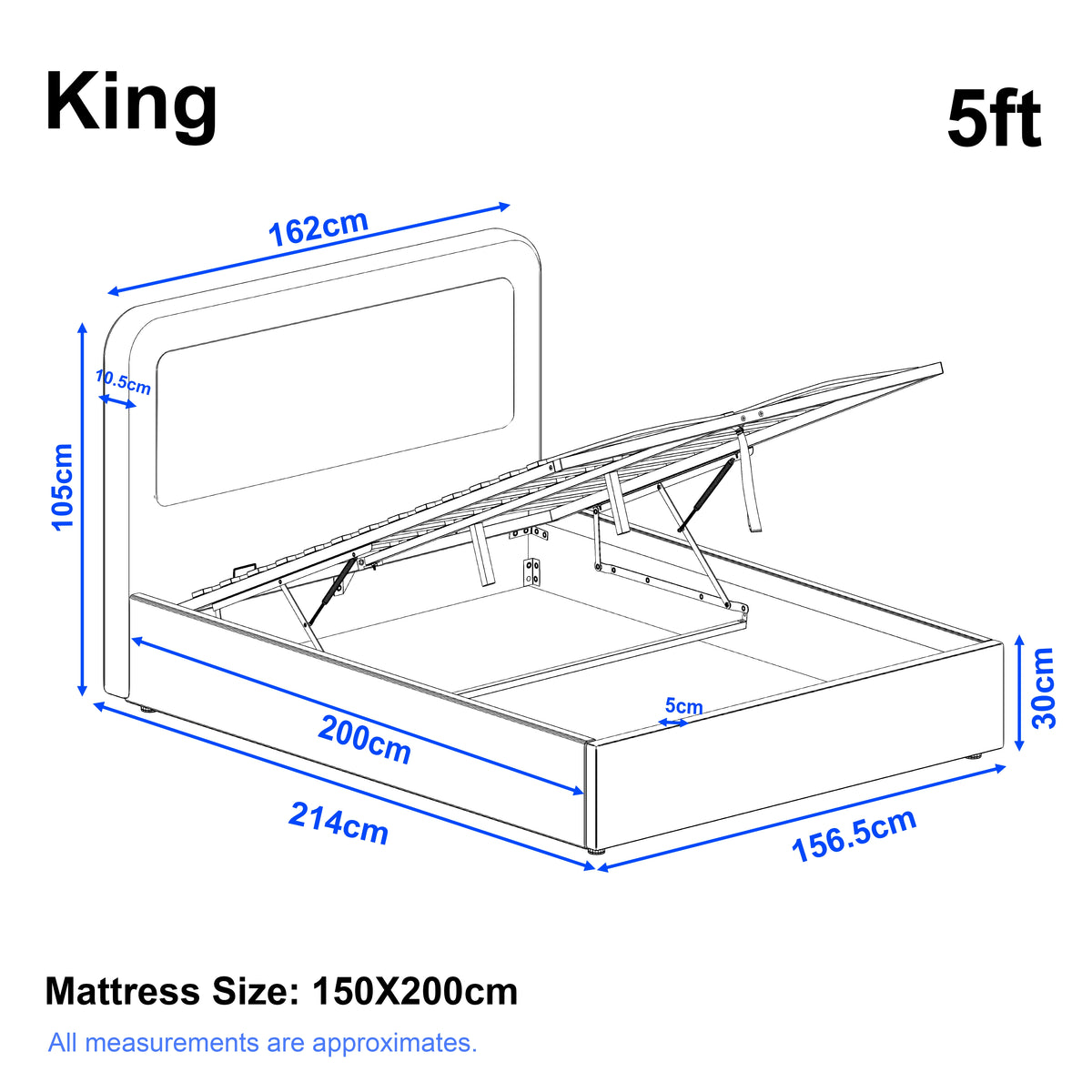 [King | Grey] Dimensions diagram showing 156.5cm width and 214cm length with 105cm headboard height