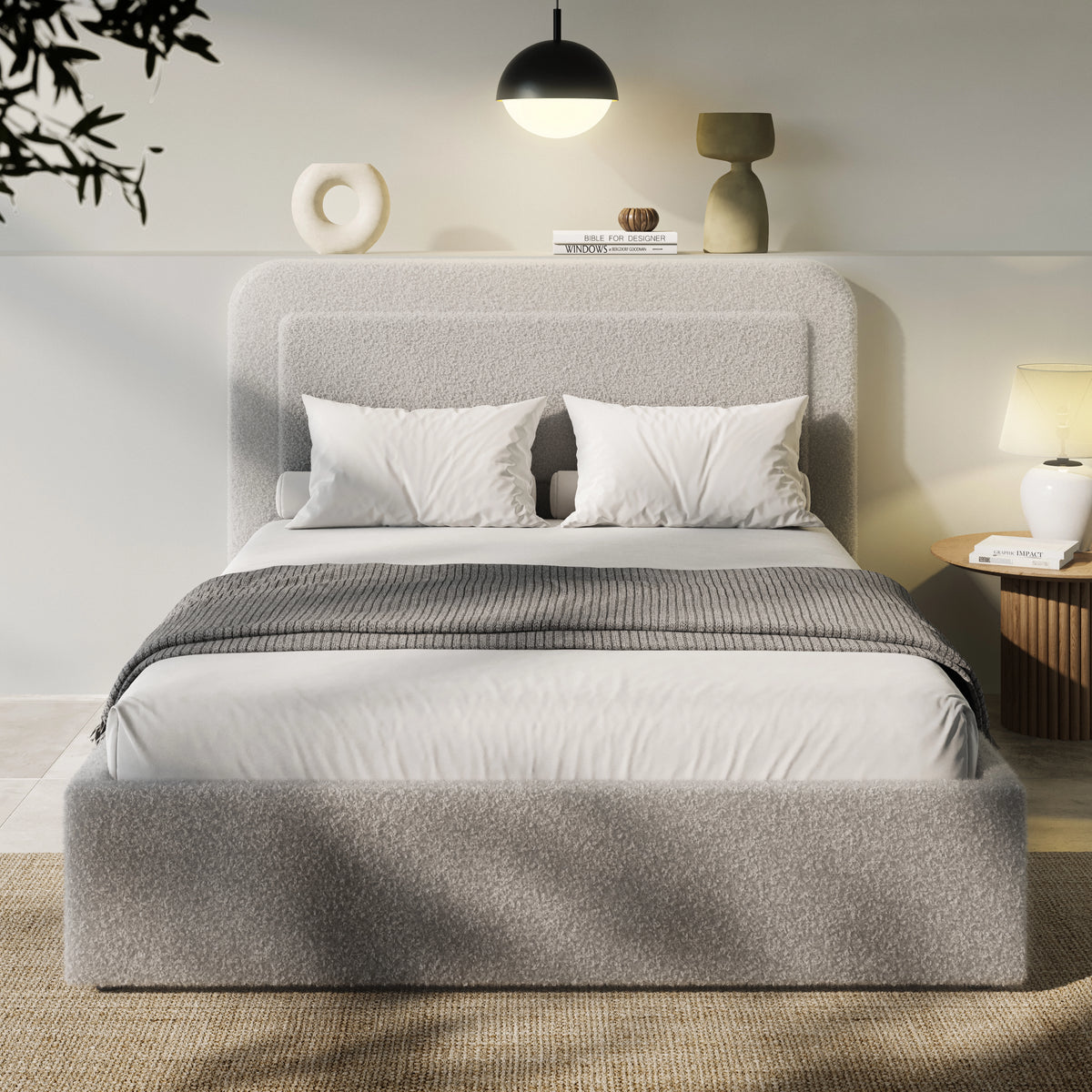 [King | Grey] Curved headboard ottoman bed with textured boucle fabric and white bedding in styled setting