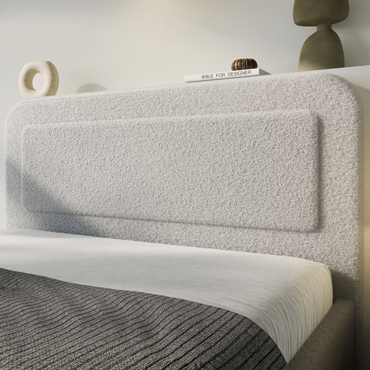 [King | Grey] Close-up of rounded headboard showing soft boucle fabric texture with curved pill-shaped profile