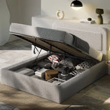 [King | Grey] Grey king boucle ottoman bed opened on twin gas struts, full-length under-bed compartment
