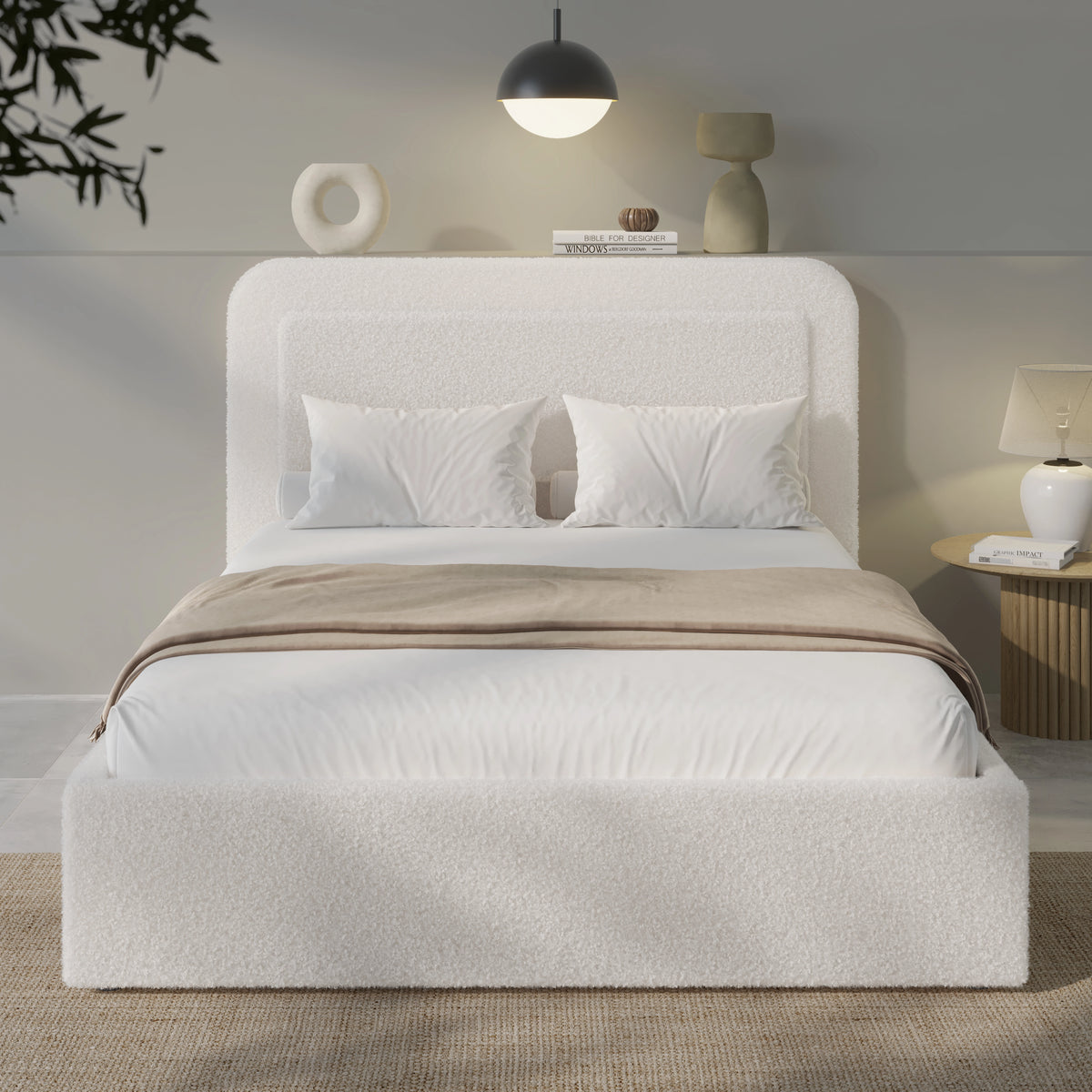 [King | White] Curved headboard ottoman bed with textured boucle fabric and white bedding in styled setting