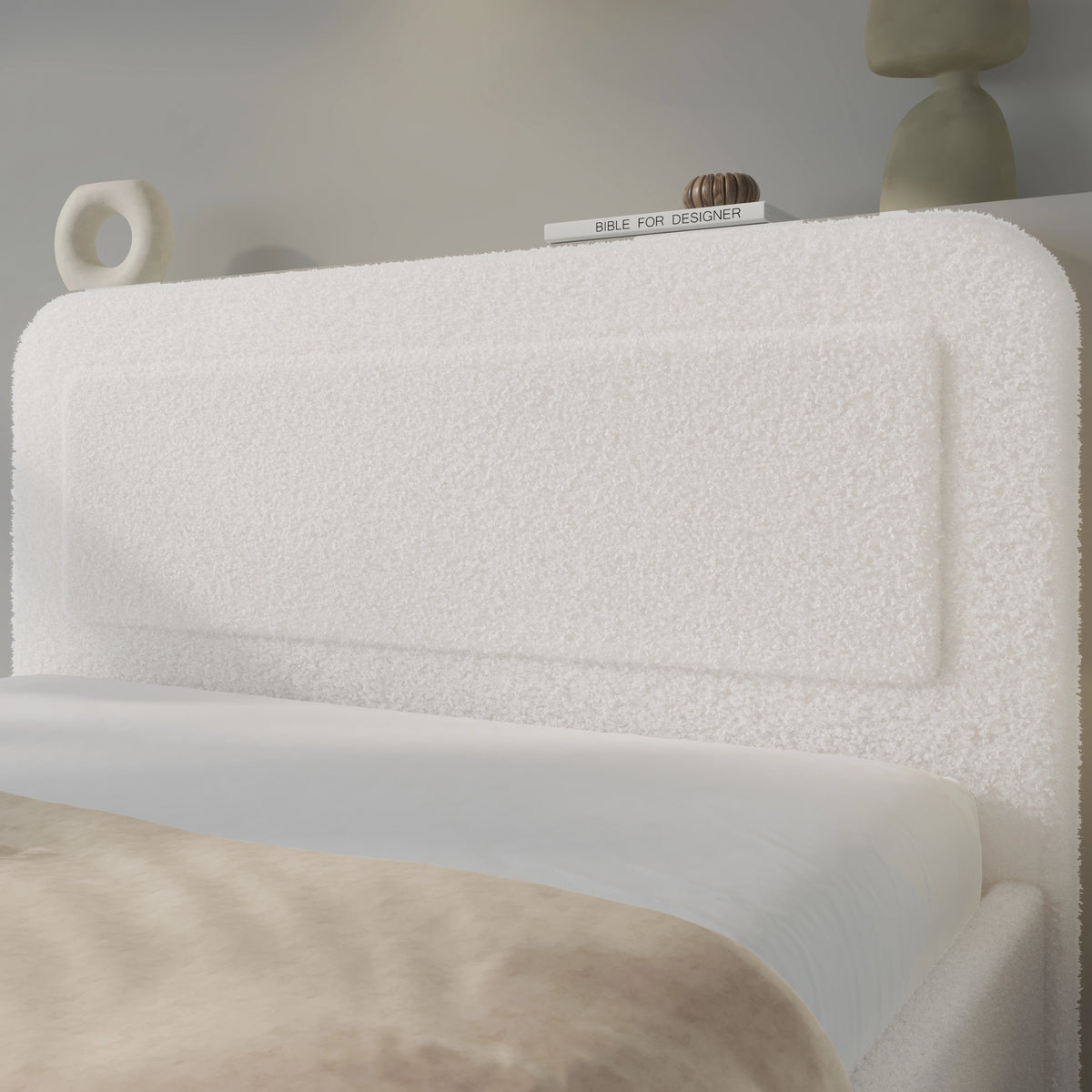 [King | White] Close-up of rounded headboard showing soft boucle fabric texture with curved pill-shaped profile
