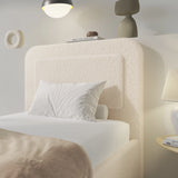 [Single | Beige] Single beige boucle ottoman bed headboard profile, padded pill shape in textured beige boucle