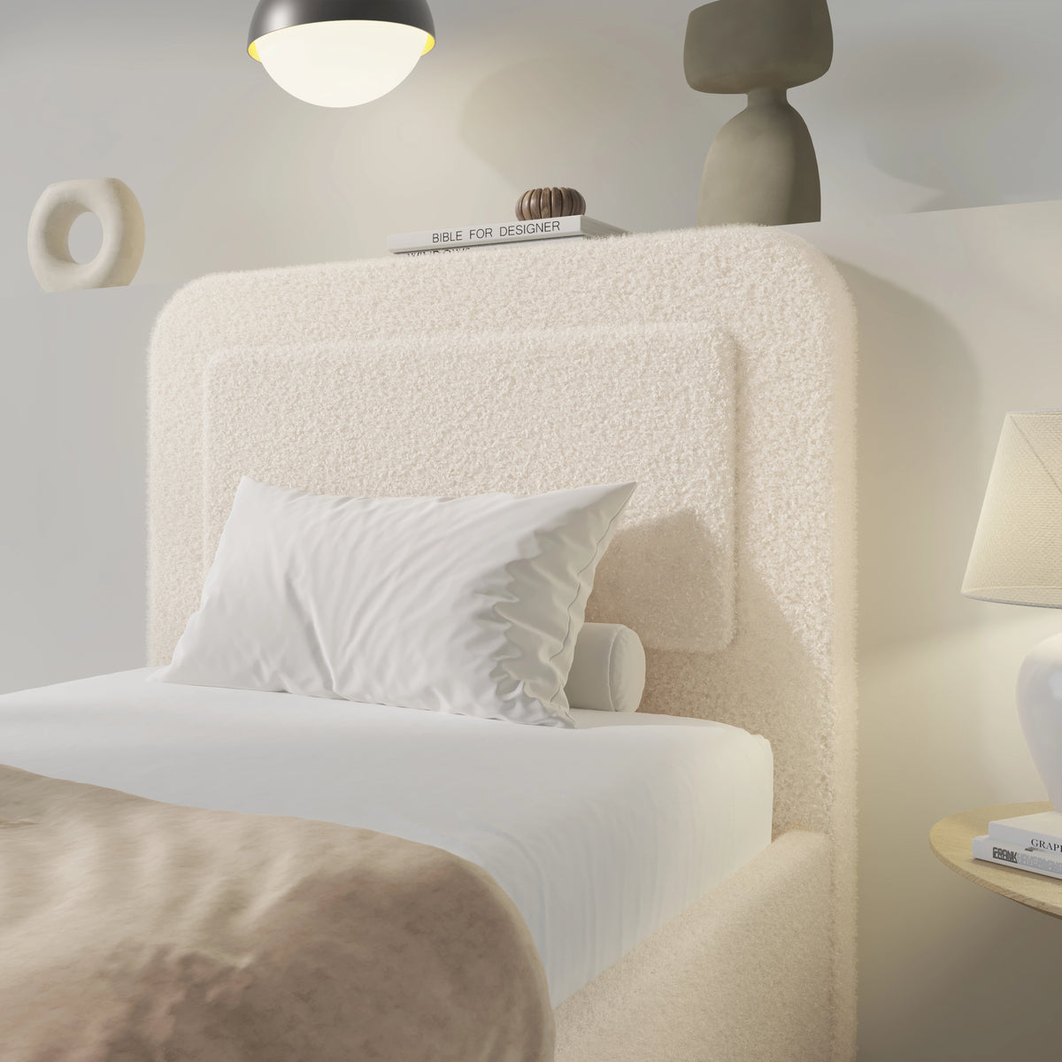 [Single | Beige] Single beige boucle ottoman bed headboard profile, padded pill shape in textured beige boucle