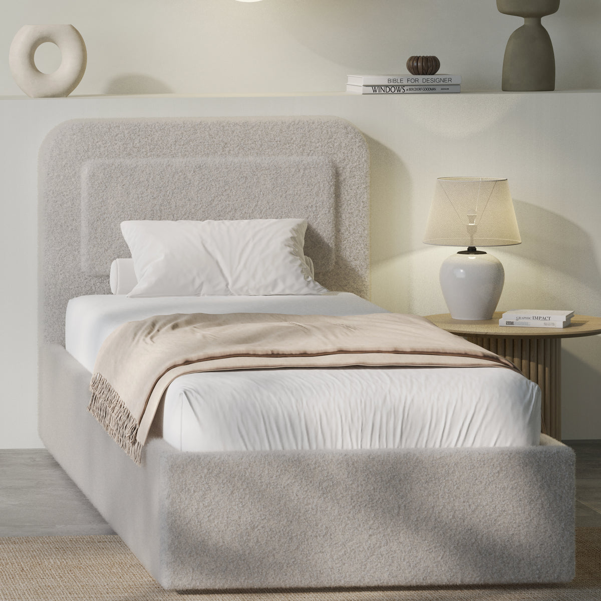 [Single | Grey] Grey boucle single ottoman bed angled, soft greige pill headboard and gas-lift base with beige throw