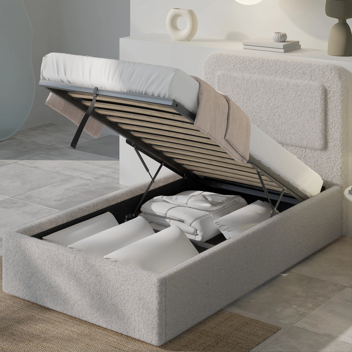 [Single | Grey] Curved headboard bed with gas strut storage exposed showing full-length compartment with belongings