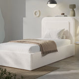 [Single | White] Single white boucle ottoman bed front view with curved headboard and crisp white duvet styled