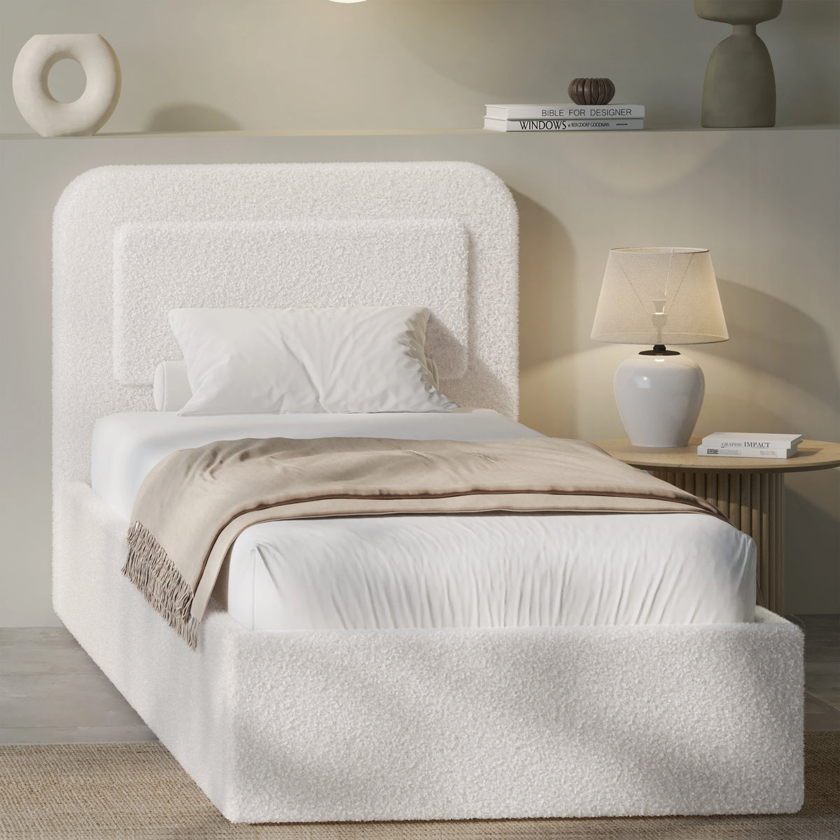 [Single | White] Side angle of boucle ottoman bed with rounded headboard and gas-lift storage in modern styled room