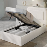 [Single | White] Curved headboard bed with gas strut storage exposed showing full-length compartment with belongings