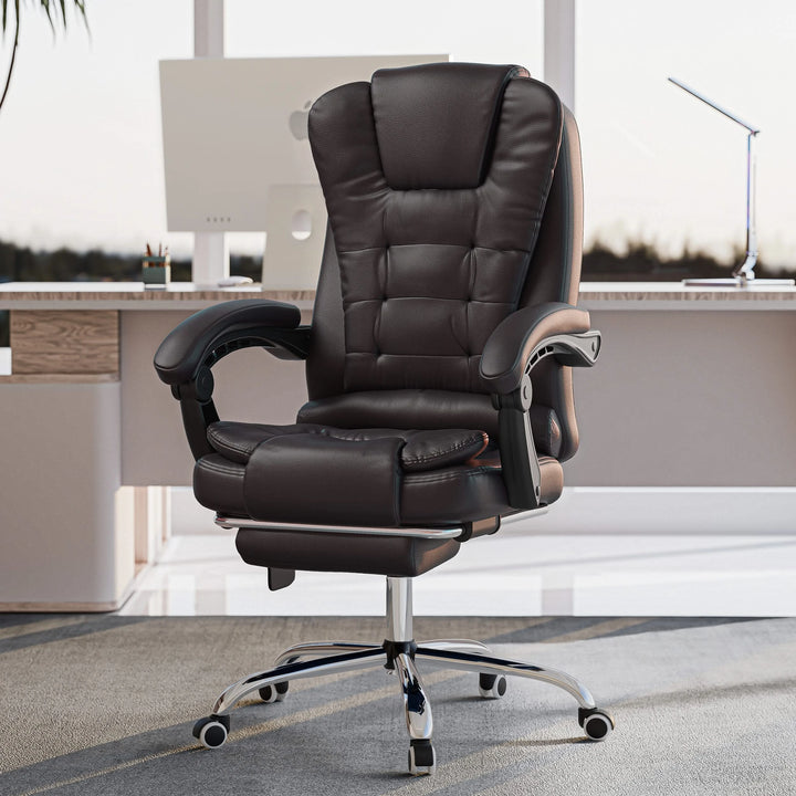 [Brown] brown leather office chair styled in a home office, blending comfort with a sleek and professional aesthetic