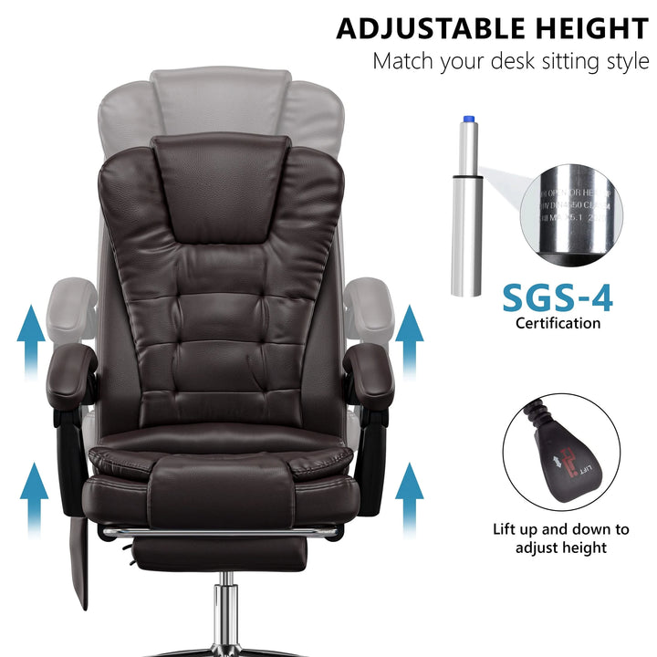 [Brown] vibrating desk chair in brown PU leather with height adjustment graphics and close-up of piston and control knob