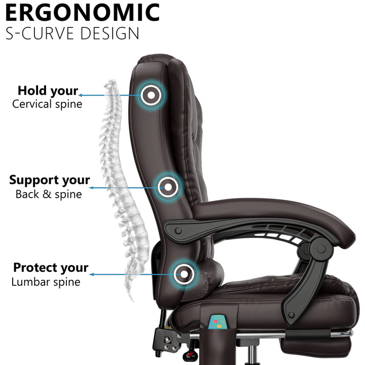 [Brown] ergonomic desk chair in brown PU leather with S-curve design providing firm back and neck support for long hours