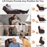 [Brown] Electric Recliner Chair For Elderly | Riser Massage Armchair in brown leather shown in 140° recline for napping, 120° for TV, 90° for reading, and lift assist mode