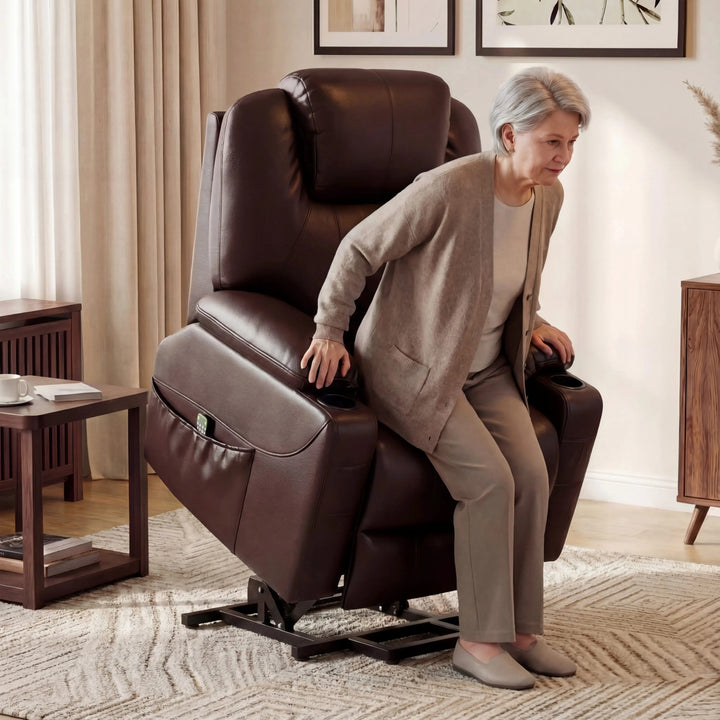 [Brown] Electric Recliner Chair For Elderly in brown leather with riser function, helping an elderly woman stand up in a cozy living room setting