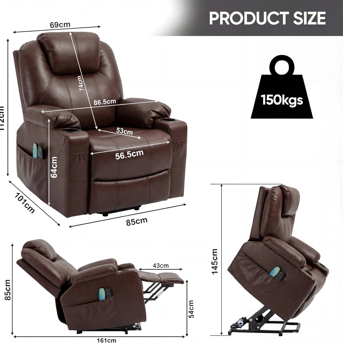 [Brown] Electric Recliner Chair For Elderly | Riser Massage Armchair in brown leather with heat and massage functions