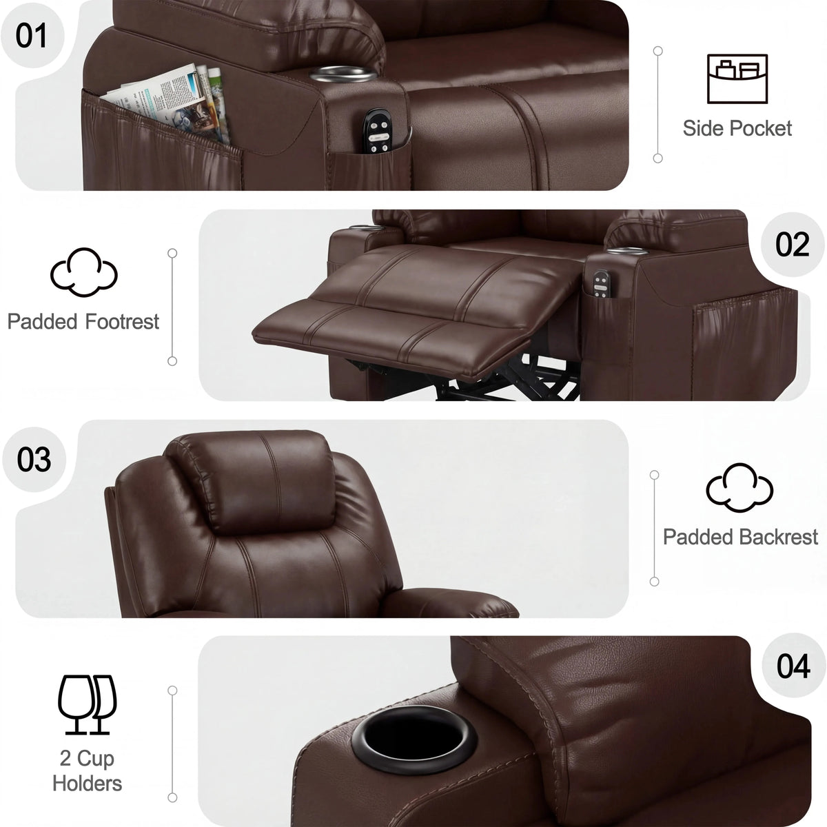 [Brown] Electric Recliner Chair For Elderly | Riser Massage Armchair in brown leather featuring side pocket, padded footrest, backrest, and 2 cup holders