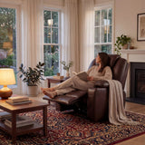 [Brown] Electric Recliner Chair For Elderly in brown leather with heat and massage, shown in a cozy living room with a woman reading and relaxing