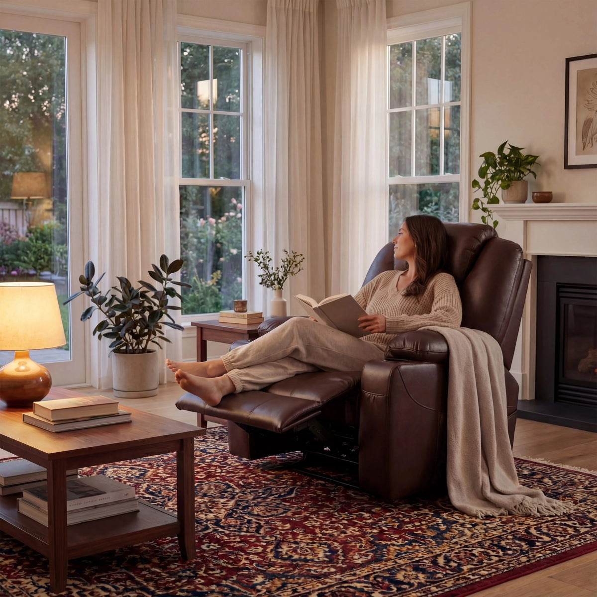 [Brown] Electric Recliner Chair For Elderly in brown leather with heat and massage, shown in a cozy living room with a woman reading and relaxing