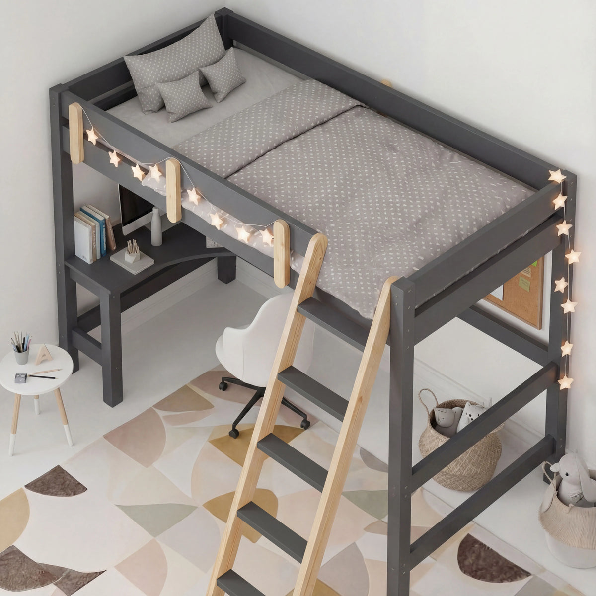 [Dark Grey + Pine] Top down view dark grey bunk bed with desk showing made bed pillows and desk workspace below