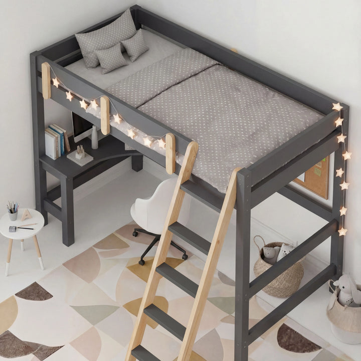 [Dark Grey + Pine] Top down view dark grey bunk bed with desk showing made bed pillows and desk workspace below