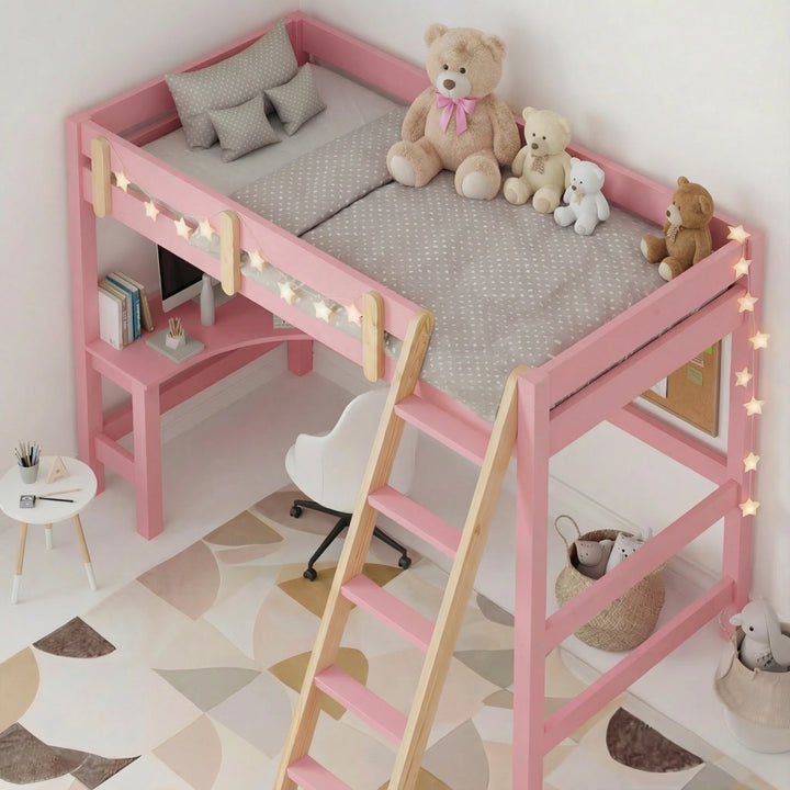 [Pink + Pine] Top view of pink bunk bed with desk showing made bed grey throw fairy lights pine rails and stuffed toys