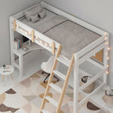 [White + Pine] Overhead angle bunk bed with desk pine ladder rail accents fairy lights and desk and chair beneath