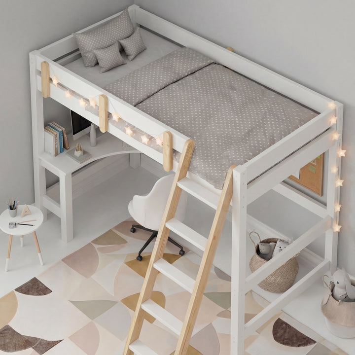[White + Pine] Overhead angle bunk bed with desk pine ladder rail accents fairy lights and desk and chair beneath