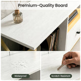 [White] Calvera white TV unit tabletop close-up with reed diffuser, water beads and scratch-test inset panels shown