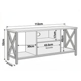 [White] Calvera white TV unit dimensions diagram: 112cm wide, 41cm deep, 52cm high, side bays 30cm wide and 40cm tall