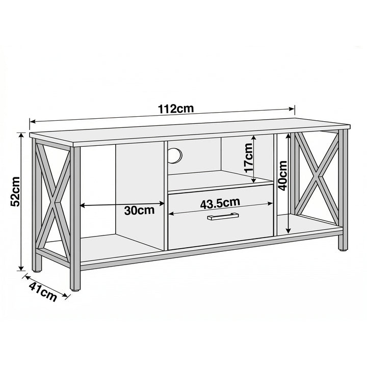 [White] Calvera white TV unit dimensions diagram: 112cm wide, 41cm deep, 52cm high, side bays 30cm wide and 40cm tall