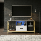 [White] White Calvera TV unit in a moody brick-walled room with patterned rug, blue LED centre shelf and floor lamp