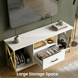 [White] Top-down angle of Calvera 112cm white TV unit with open drawer of CD cases and side compartments full of records