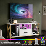 [White] Gaming-room shot of Calvera white TV unit, RGB LED in centre, PS5 and VR headset stored, remote and app inset