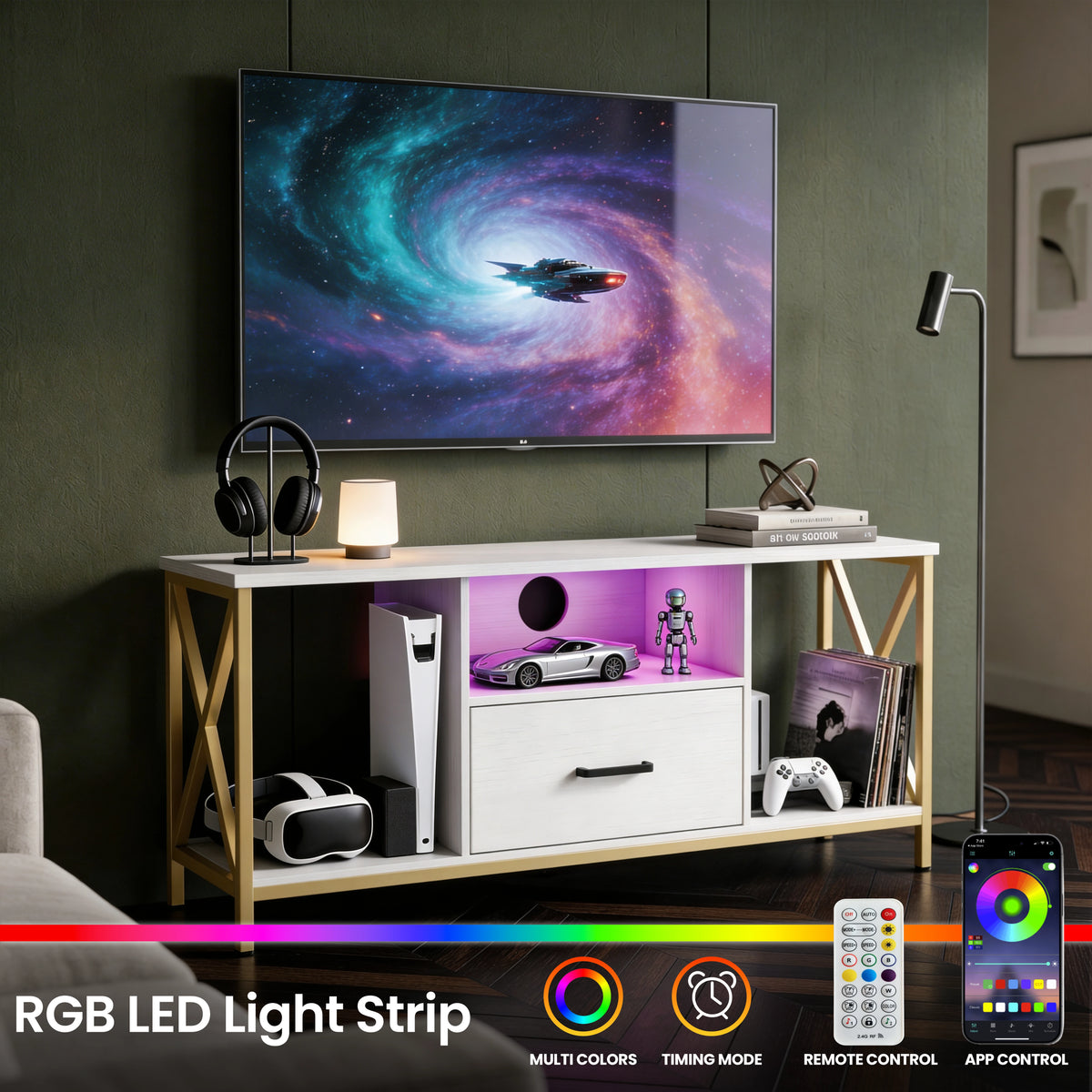 [White] Gaming-room shot of Calvera white TV unit, RGB LED in centre, PS5 and VR headset stored, remote and app inset