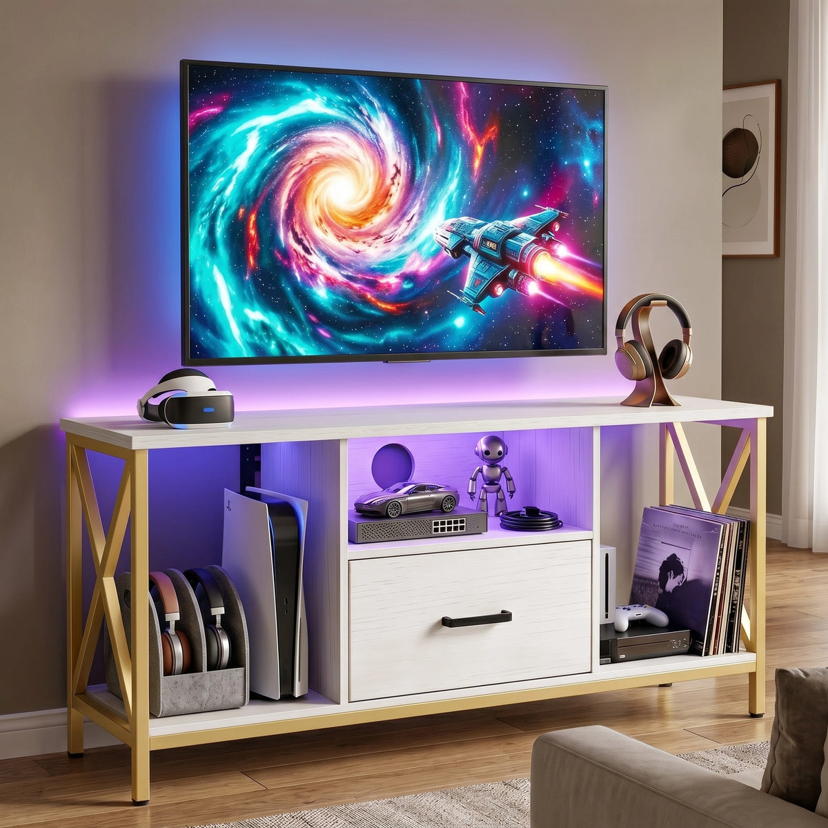 [White] Calvera 112cm white TV unit against a cream wall, wall-mounted TV above, amber LED in centre shelf
