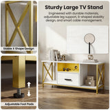[White] Sturdy Large TV Stand infographic of Calvera white unit showing X-frame, foot pad and lifestyle shelf view
