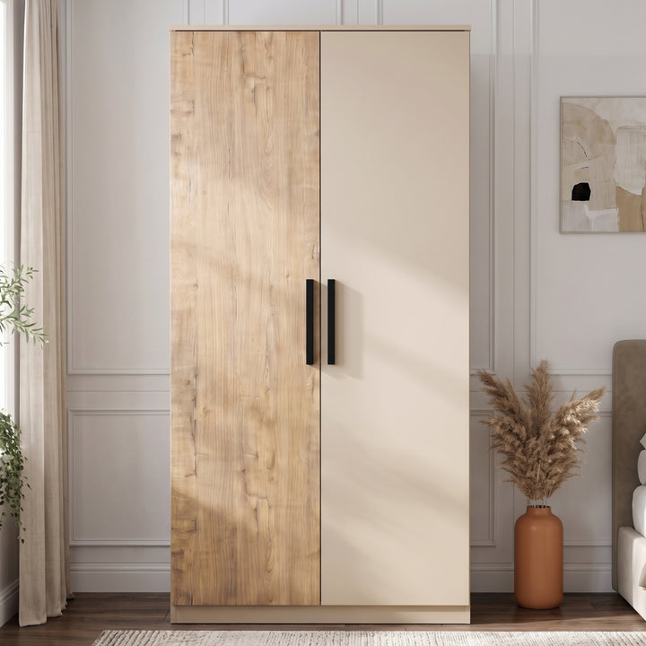 Oak+Cashmere] Blythe 2 Door Wardrobe with Shelves and Hanging Rail straight-on look showcasing the contrast door design.