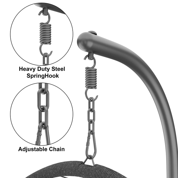 [Dark Grey] Hanging egg chair detail of heavy duty steel spring hook and adjustable chain mechanism