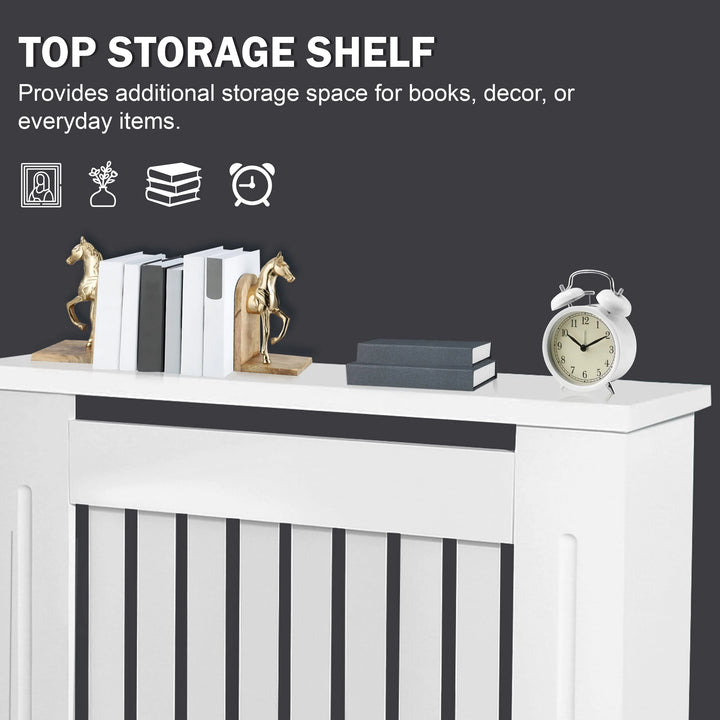 [White] Extra large Chelsea radiator cover top shelf in white shown with gold bookends and round clock right