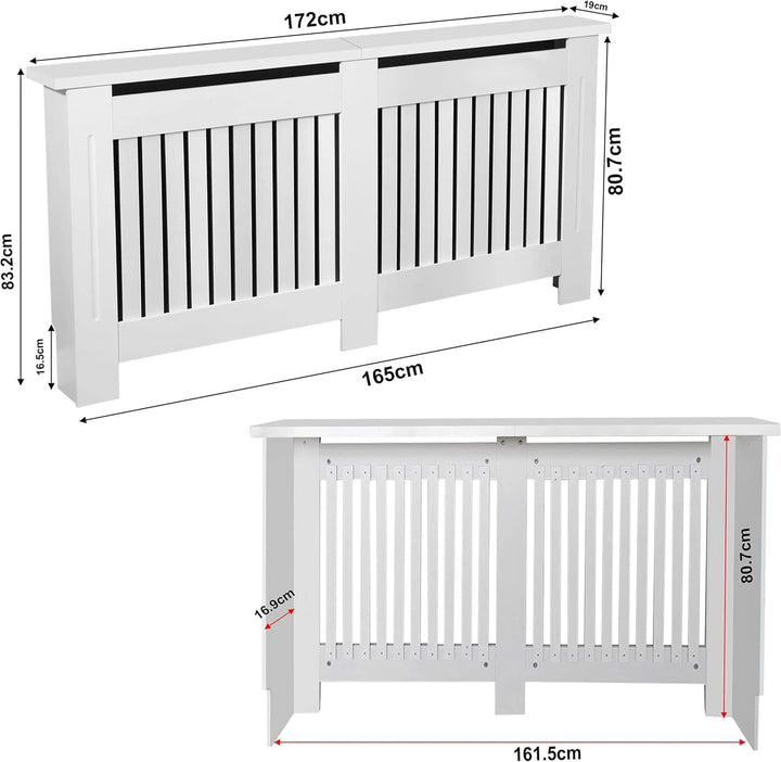 [White] Extra large Chelsea white radiator cover dimensions: 172cm wide, 83.2cm tall, 19cm deep, 165cm interior